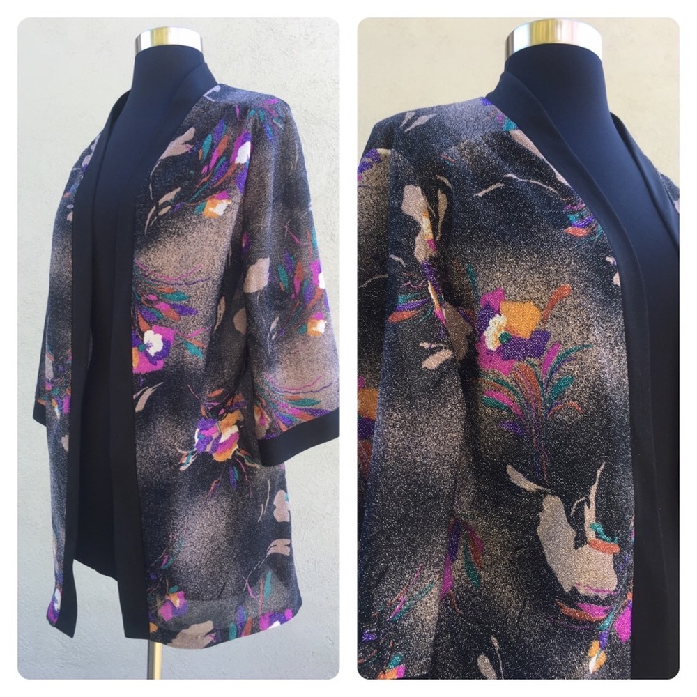 Vintage Edith Martin California Black Metallic Floral Open Cardigan M/L